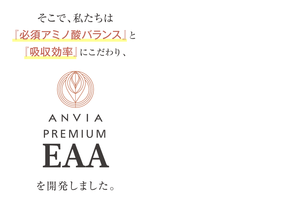 そこで私たちは『必須アミノ酸バランス』と『吸収効率』にこだわり、ANVIA PREMIUM EAAを開発しました