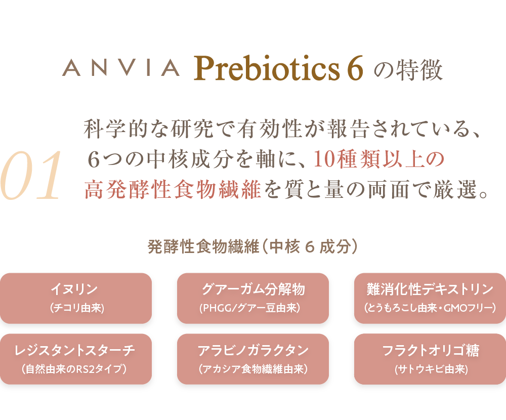 ANVIA Prebiotics 6の特徴 6つの中核成分を軸に、10種類以上の科学的な研究で有効性が報告されている、高発酵性食物繊維を質と量の両面で厳選。