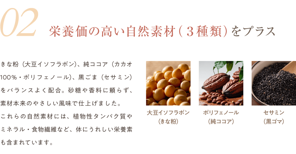 栄養価の高い自然素材 (3種類)をプラス きな粉(大豆イソフラボン)、純ココア(カカオ100% ポリフェノール)、黒ごま(セサミン)をバランスよく配合。砂糖や香料に頼らず、素材本来のやさしい風味で仕上げました。これらの自然素材には、植物性タンパク質やミネラル食物繊維など、体にうれしい栄養素も含まれています。